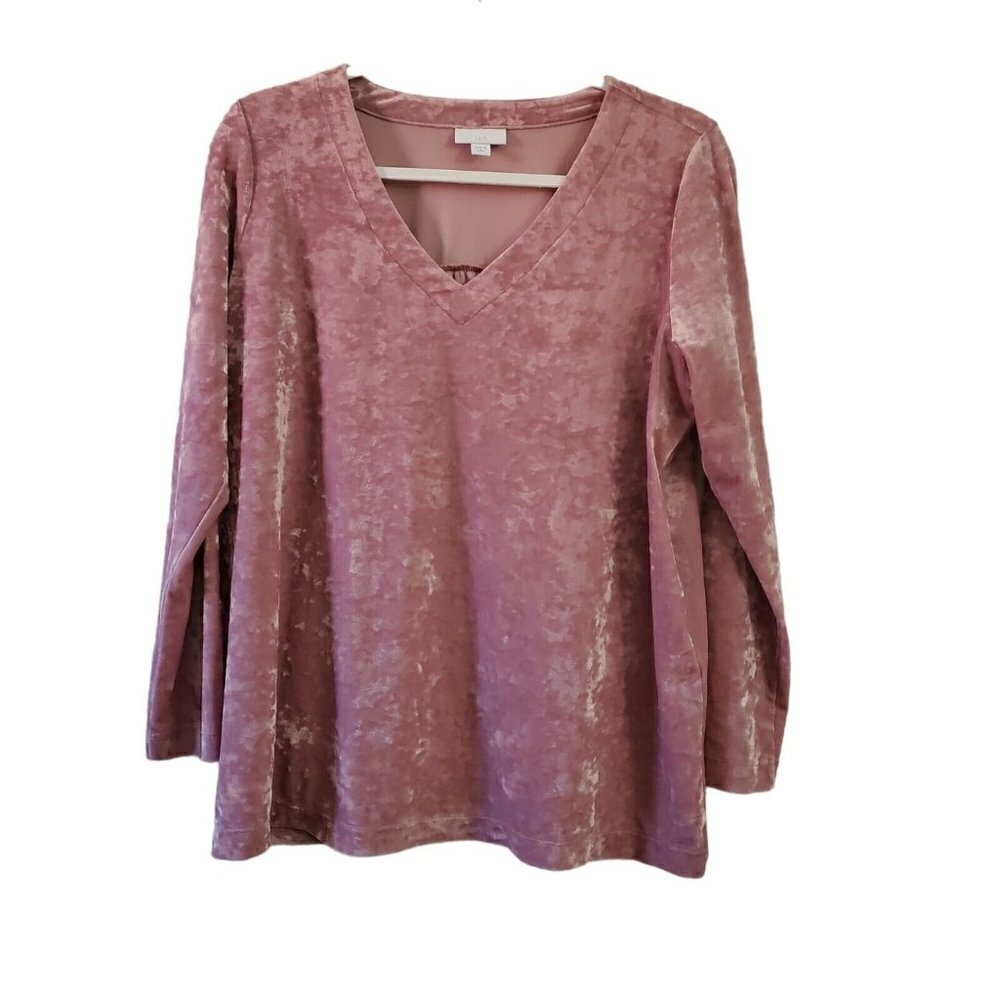 J. Jill Blouse Medium Petite Pink Crushed Velvet Velour Stretchy‎ V Neck Top MP